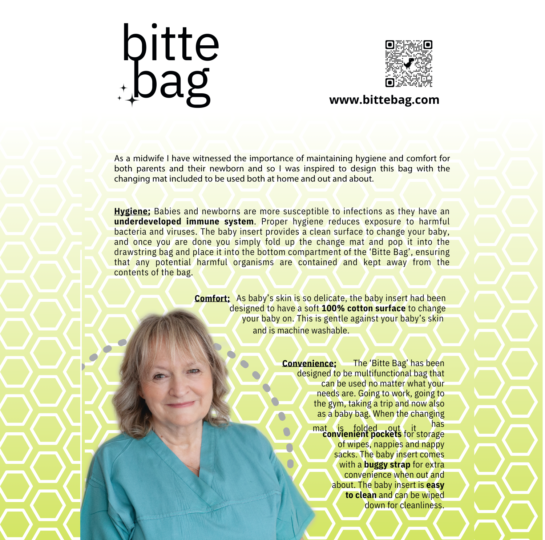 bitte bag Baby Bag Hello, my name is Bitte Lehane. I have over 23 years of experience as a midwife and in infant care and I am excited to bring you The ‘Bitte Bag’ baby insert which has been desig (1)