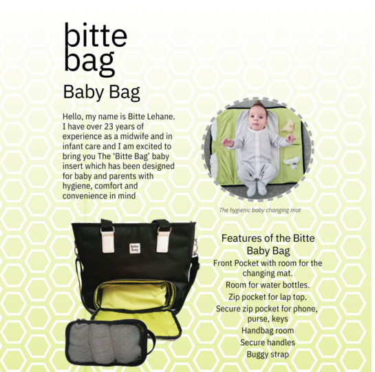 bitte bag Baby Bag Hello, my name is Bitte Lehane. I have over 23 years of experience as a midwife and in infant care and I am excited to bring you The ‘Bitte Bag’ baby insert which has been desig